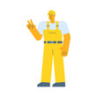 Builder shows two fingers gesture and smiling