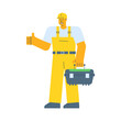 Builder shows thumbs up and holding suitcase