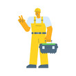 Builder shows two fingers gesture and holding suitcase