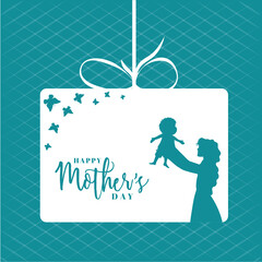 Poster - Paper cut-out style with mother holding her child on sky blue background.