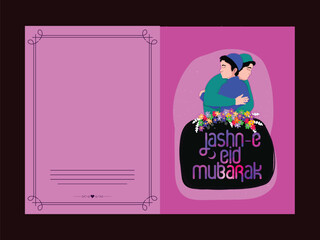 Poster - Beautiful Greeting Card with Islamic People hugging and wishing to each others on occasion of Jashn-E-Eid Mubarak.