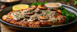 Schnitzel with mushroom sauce, food, restaurant advertising with empty copy space