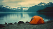 Explore iconic vistas of snow-capped peaks and an orange tent in tranquil waters, shot with Provia film. The Y2K aesthetic and generative AI techniques enhance the atmosphere.