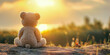 Teddy bear gazes at the sunset, providing plenty of copy space. Experience the volumetric texture of the scene with shallow depth of field. Enhanced with AI generative techniques.