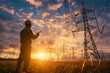 A man standing in a field next to tall power lines, appearing to inspect or work on the electrical system. Generative AI