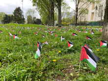 Gennevilliers, France - 04 01 2024: Eco-neighborhood. View Of Palestinian Flags Planted In A Park In Support Of The People Of Gaza.