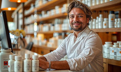 Wall Mural - pharmacy owner with bottles and drugstore background, pharmacist man looking at the camera smiling