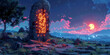 A pixelated scene of an archaic rune stone, its glyphs shining with a prophecy yet to unfold