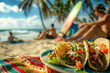 A delicious taco spread on the beach Mexican food picnic for happy friends on vacation