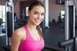 Fitness young smiling woman in sports T-shirt in the gym. Concept of a healthy lifestyle and a slim figure. Generative A