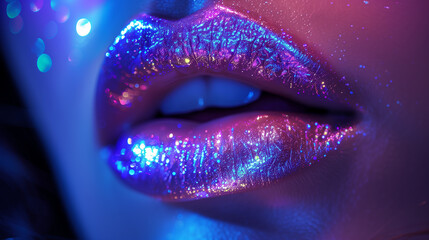 Wall Mural - beautiful female lip makeup with neon glow.