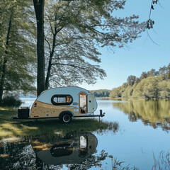 Wall Mural - Discover the joy of camping by a lake with a camper trailer parked in a grassy area. Immerse in the serene lakeside scenery. AI generative technology enhances the natural landscape.