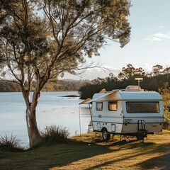 Wall Mural - Explore outdoor adventure with a camper trailer parked by a lake in the grassy countryside. Enjoy the peaceful getaway amidst nature's beauty. AI generative enriches the scenic view.