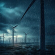 Witness the future of renewable energy at a wind farm, where windmills spin symmetrically in torrential rain, captured in HDR, driven by AI generative advancements.