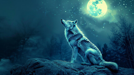 Wall Mural - a wolf is standing on a rock in the dark, looking up at the moon