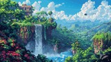 Fototapeta  - A vibrant pixel art landscape depicting a lush jungle, reminiscent of classic platformers, with hidden temples and waterfalls , high resolution DSLR