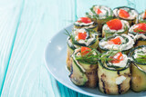 Fototapeta Panele - Zucchini rolls with cream cheese , tomatoes and dill