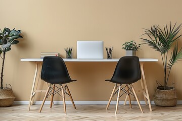 A minimalist desk with a white table top and light wood legs, featuring two black chairs, a laptop in the center of the desk