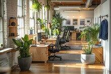 A Photo Of An Open Office Space With White Walls, Wooden Desks And Black Swivel Chairs