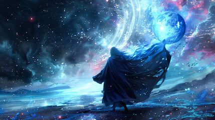 Wall Mural - A person is standing in a field of stars, holding a glowing orb