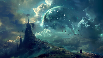 Wall Mural - A beautiful, starry sky with a large planet in the background