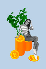 Sticker - Vertical picture collage sitting young girl bitcoin stack golden coins cryptocurrency investing earnings green plant drawing background