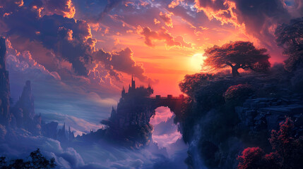 Wall Mural - A beautiful sunset over a mountain range with a castle in the distance