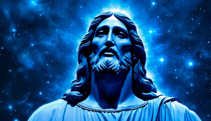 Jesus Christ figure against blue cosmic background with stars. Religious concept of unity with God.