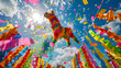 Colorful pinata in the shape of a donkey flying among confetti and streamers at a traditional Mexican fiesta. Cinco de mayo. The day of the dead. Dia de los Muertos