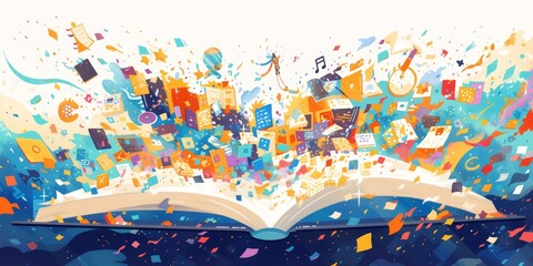 Wall Mural - Open book with pages turning into various educational elements, books and school equipment like pencils or kites, floating in the air around it, representing knowledge spreading across different paths