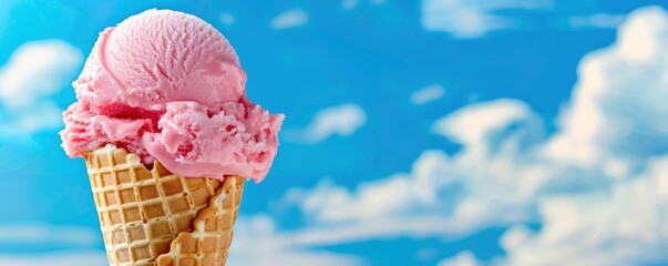 Wall Mural - ice cream in cone on blue sky background with clouds, closeup