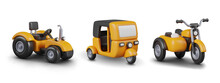Set Of Realistic Colored Vehicles. Farm Tractor, Autorickshaw, Tricycle With Sidecar