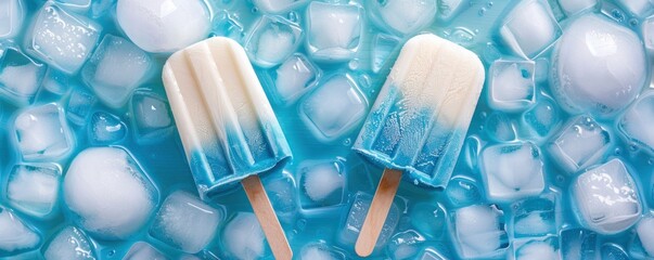 Wall Mural - two blue and white popsicles on ice, frozen background, ice cubes