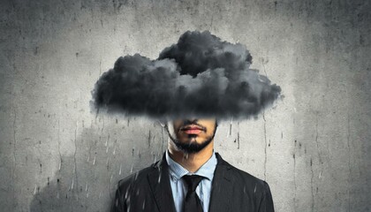 A man with a black cloud over the top half of his face, somber and sad against a grey concrete wall. Mental health, depression, brain fog concept.