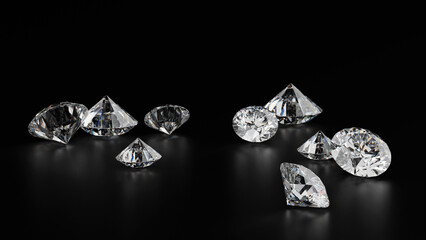 Poster - Diamonds of various sizes On black background. 3D rendering.