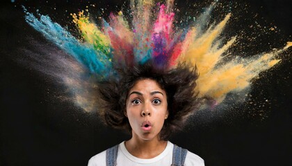 Surprised woman with a colorful creativity explosion coming from her head. New ideas and creative thought concept.