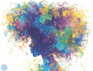 Wall Mural - A silhouette of the head with curly hair, filled in with colorful watercolor splashes and drips. 