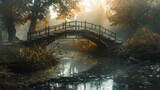 Fototapeta Krajobraz - A broken bridge spanning a gentle stream, symbolizing the shattered connections and barriers within the realm of consciousness.