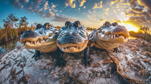 A Group Of Alligators Displaying Their Menacing Jaws While Basking In The Sun