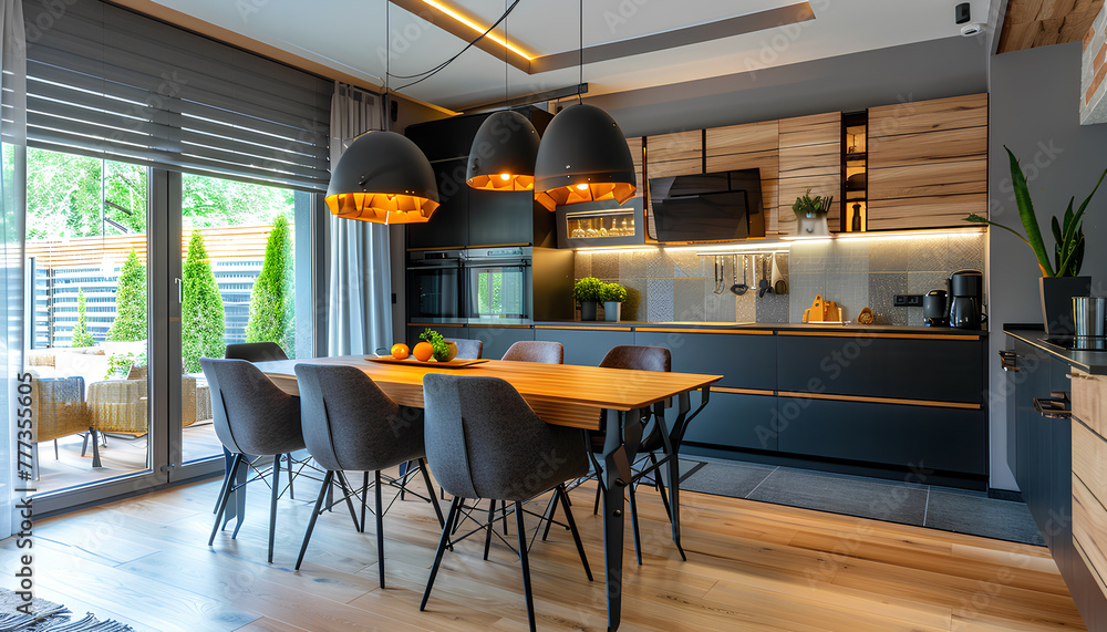 Interior of modern open plan kitchen with dining table and glowing ...