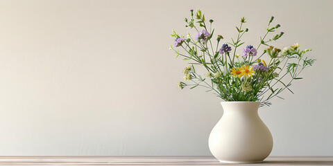 wildflowers in white vase on table on white wall background,	
