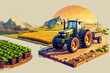 Tractor on dirt road in farmland, 3d poly art illustration,
concept of industry in the countryside