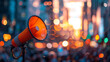 A bustling city square illuminated by the setting sun, an orange megaphone casting a vibrant glow amidst the bokeh lights