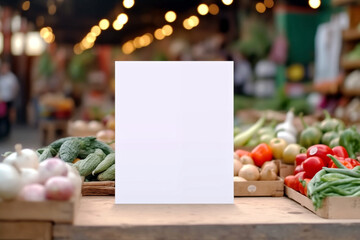 Wall Mural - Blank white poster on the counter of the market with various vegetables