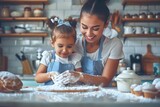 Fototapeta Przestrzenne - Mother having fun with her little daughter, cooking and baking in the kitchen. Family relationship.