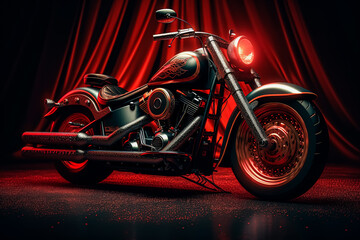 A colorful motorcycle with a neon light on the front wheel.