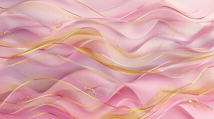Wall Mural - A banner background featuring soft, flowing waves of various shades of pink, overlaid with intricate, golden splash lines.