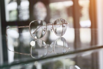 Glasses on table in optical store 