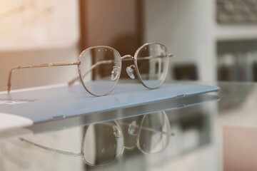 glasses on a table in optical store 