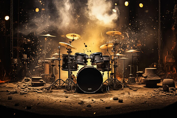 Wall Mural - A drum set is shown with a lot of debris around it.